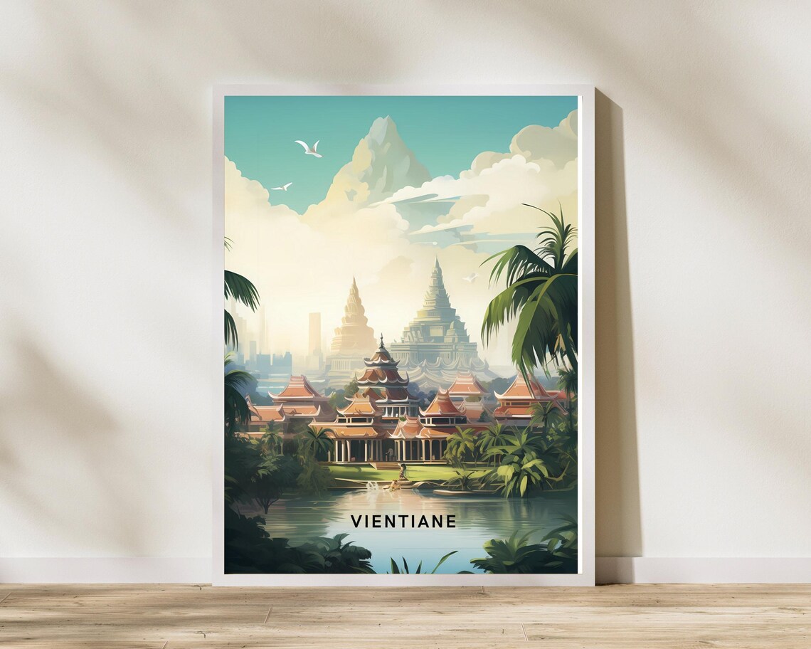 Vientiane Laos Golden Temple Riverside Dreamy Travel Scene Poster