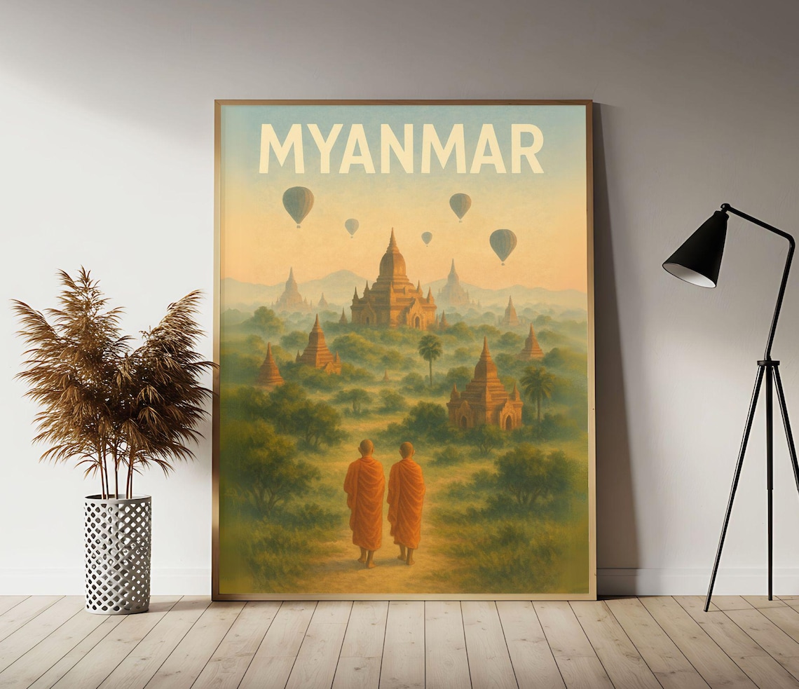 Vintage Myanmar Bagan Sunrise Travel Poster Temples Balloons Art