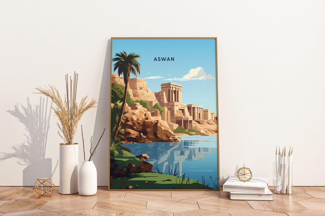 Aswan Egypt Nile Temples Travel Poster With Palms and Blue Sky