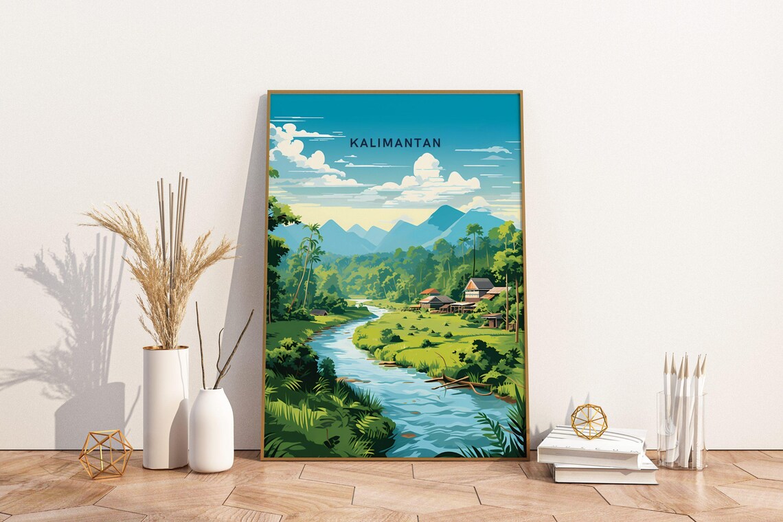 Kalimantan Indonesia River Village Rainforest Vintage Travel Poster