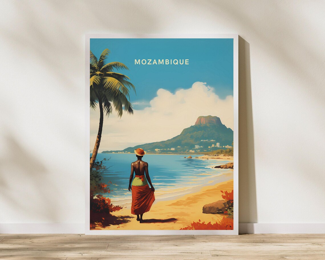 Mozambique Beach Woman Sunset Palms Beach Vintage Travel Poster