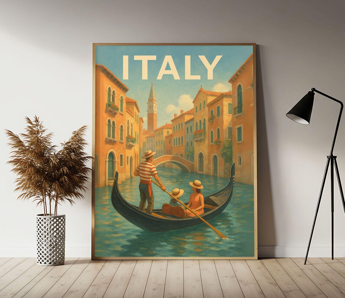 Italy Venice Gondola Canal Ride Romantic Vintage Travel Poster