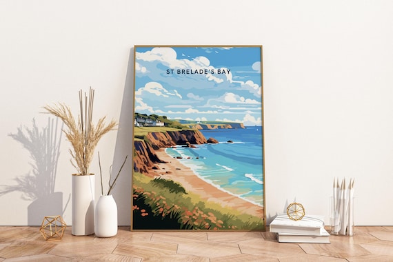 St Brelade's Bay Jersey Coastal Cliffs In Bright Vintage Travel Poster