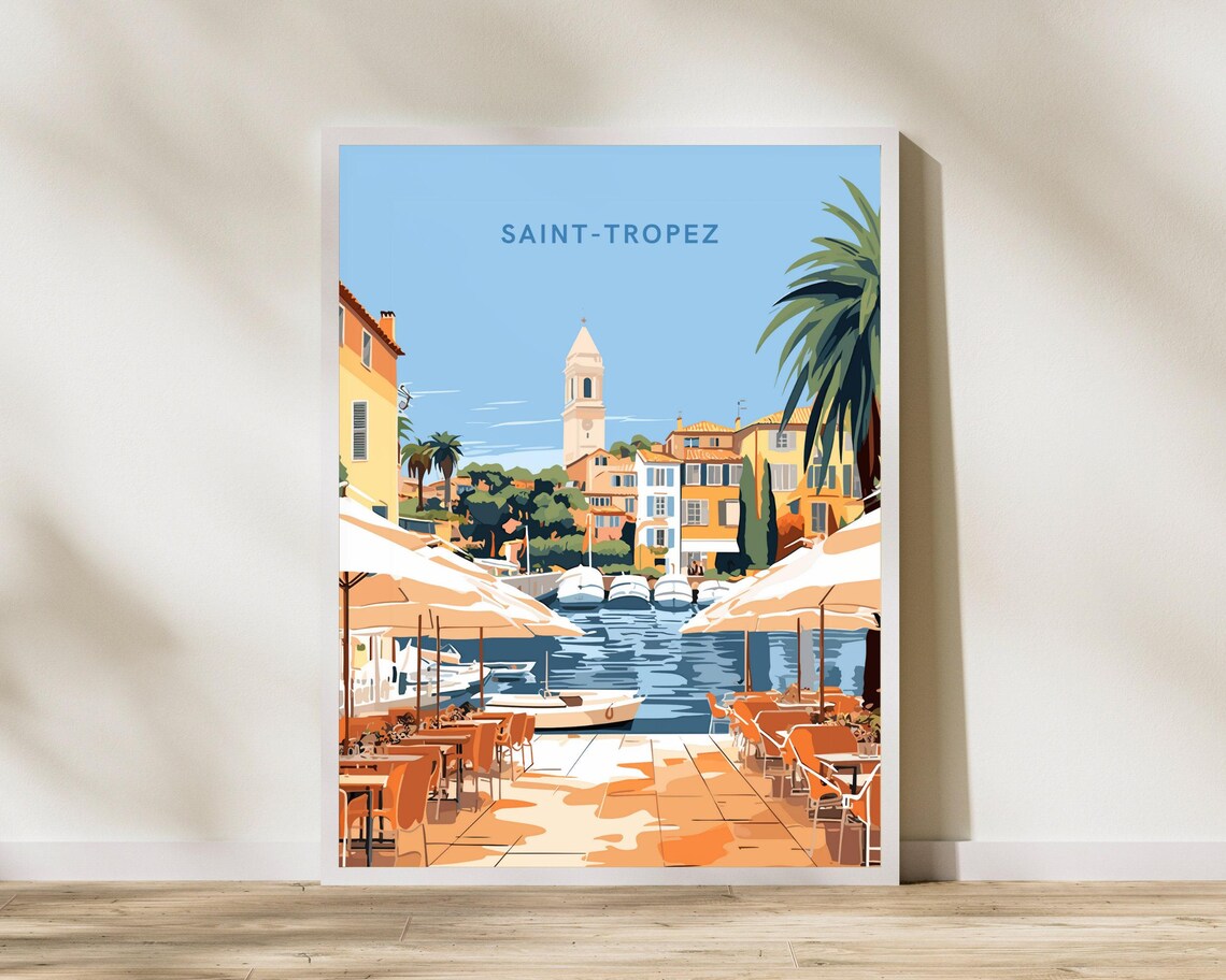 Saint Tropez Harbor Cafe Terraces Boats Travel Poster France