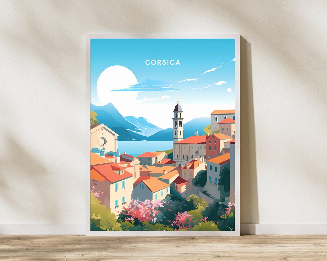 Corsica Island Bell Tower Sunlit Coastal Town Travel Poster France