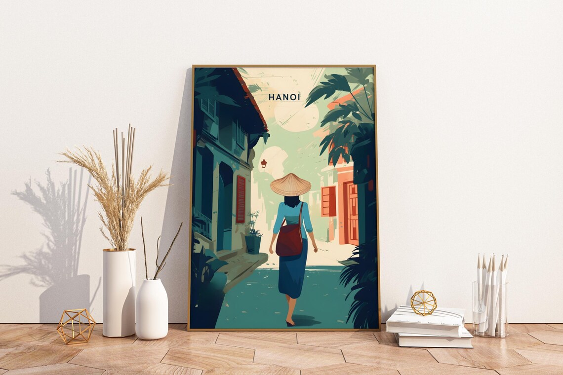 Hanoi Vietnam Old Quarter Street Conical Hat Walk Vintage Poster