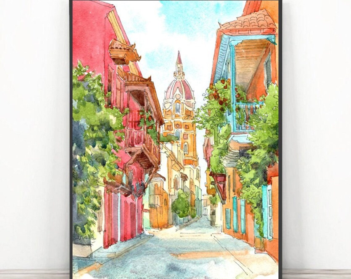 Guadalajara Mexico Colonial Street Balconies Watercolor Poster