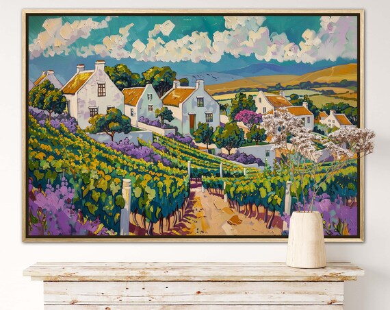 Sunny Vineyard Village White Houses Rolling Hills Colorful Landscape Poster