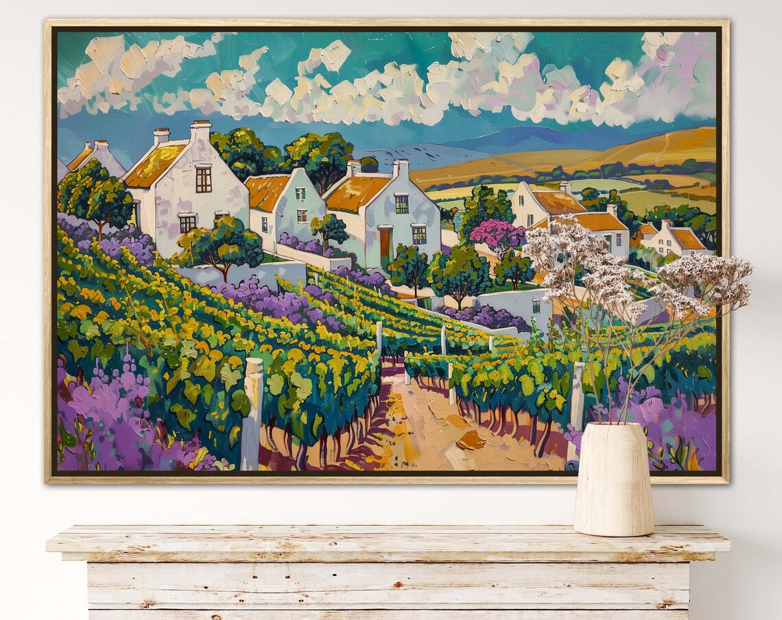 Sunny Vineyard Village White Houses Rolling Hills Colorful Landscape Poster