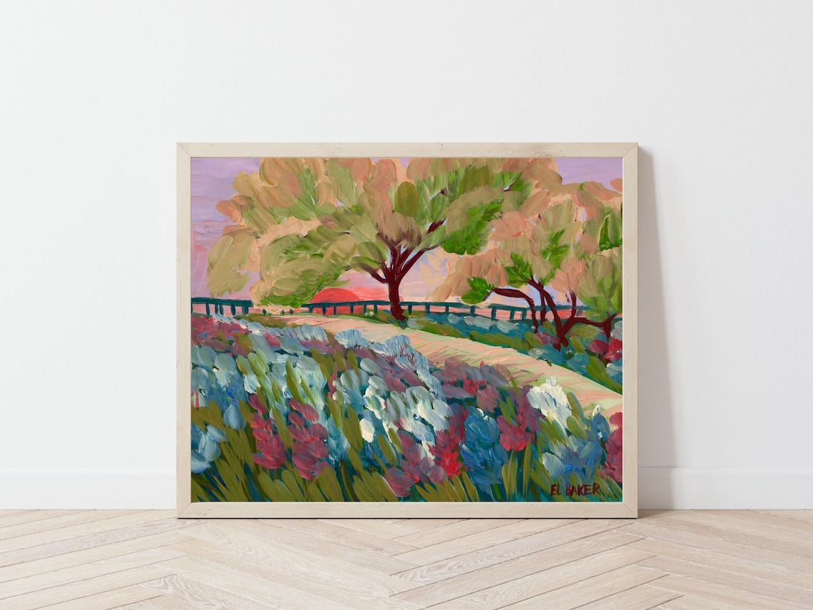Bluebonnets Texas Vintage Sunset Landscape Art Print