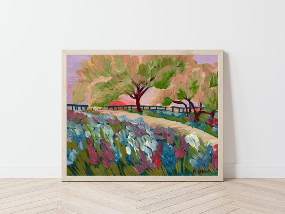 Bluebonnets Texas Vintage Sunset Landscape Art Print