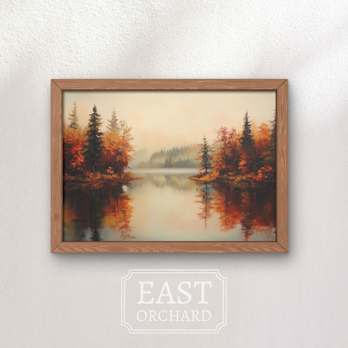 Misty Autumn Lake Dawn Mirrored Evergreens Fall Reflection Painting Poster - Image 2