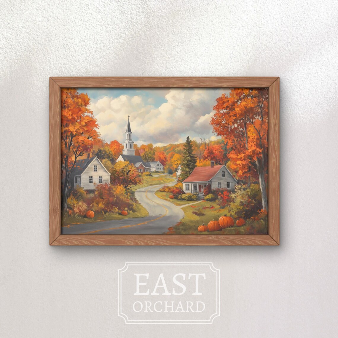 New England Village Fall Church Pumpkins Autumn Street Painting Poster - Image 2