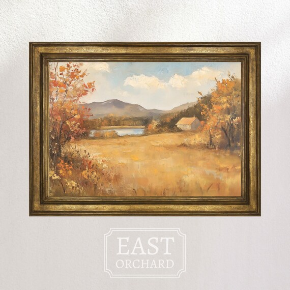 Golden Autumn Field Pond Cabin Mountains Vintage Landscape Painting Poster