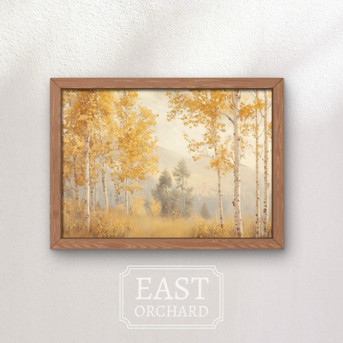 Golden Autumn Birch Trees Misty Mountain Vintage Landscape Poster - Image 2