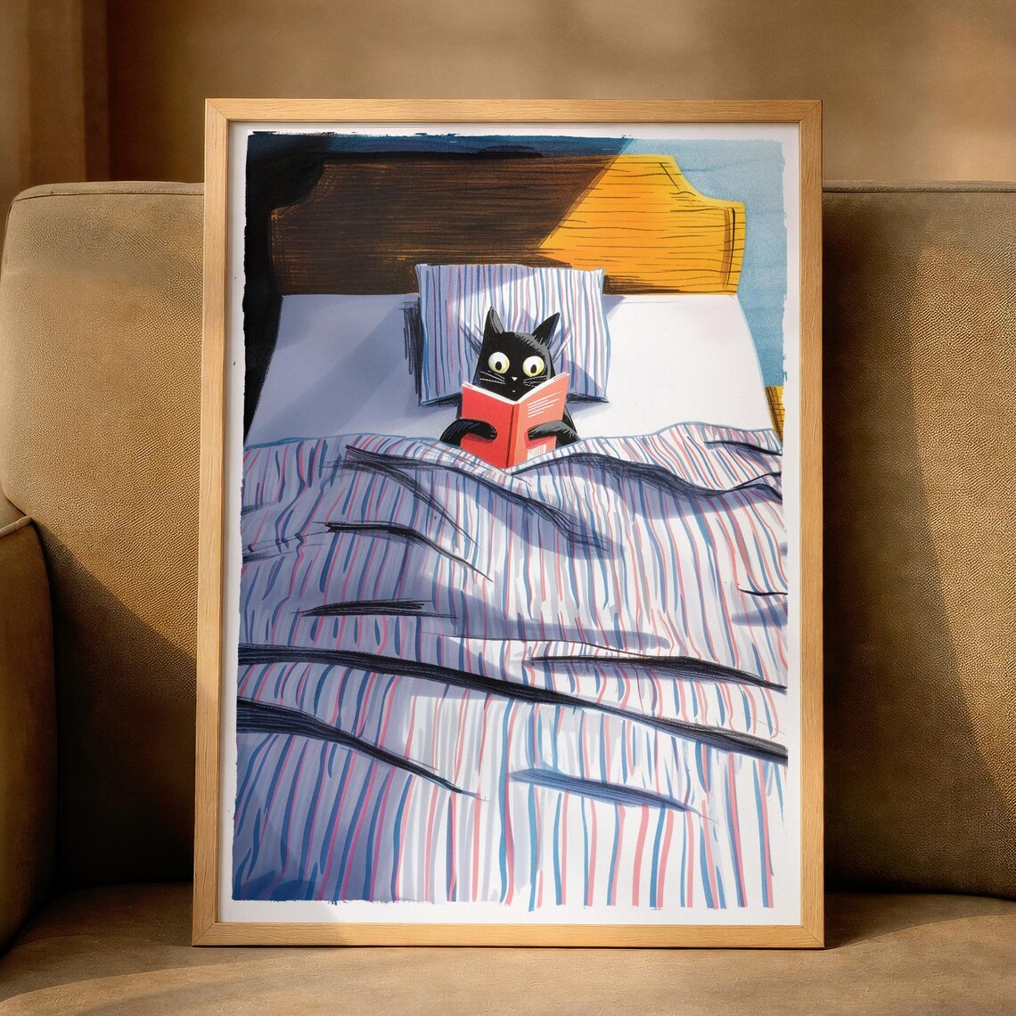 Black Cat Reading a Red Book in Bed Cozy Book Lover Bedroom Poster