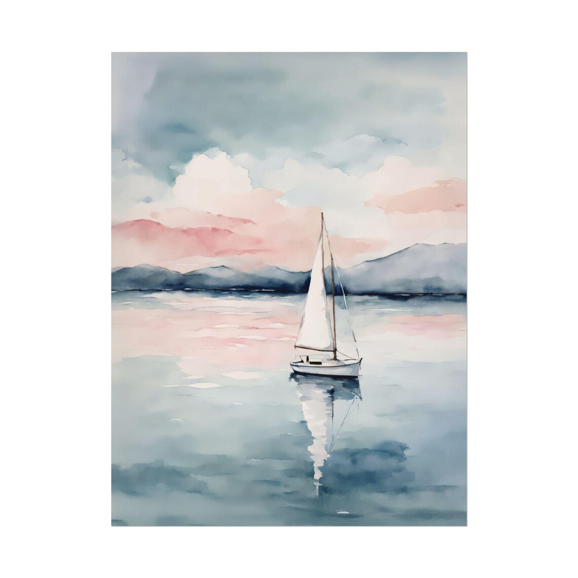 Sailboat Pink Sky Calm Sea Watercolor Peaceful Sailing Serene Poster