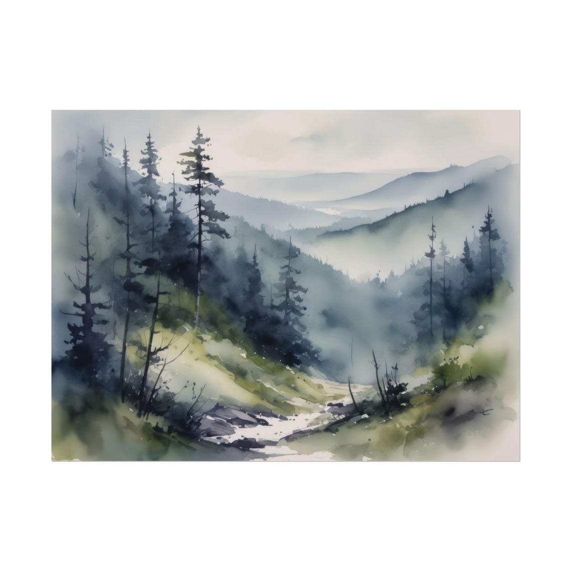 Misty Mountain Pine Forest Valley Watercolor Landscape Poster