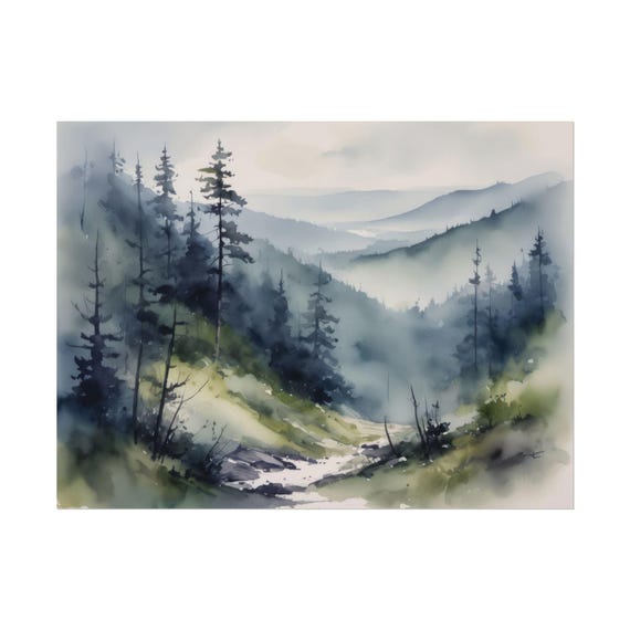Blue Ridge Mountains Appalachian Watercolor Misty Pine Trees Landscape Painting Highlands Artwork Nature Masculine Wall Art