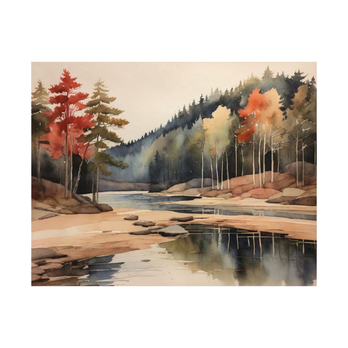 Autumn Forest Stream Watercolor Poster Red Trees And Calm Reflections