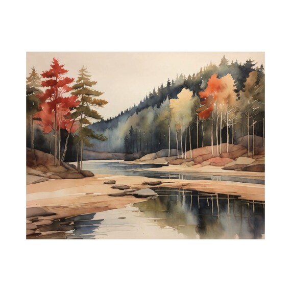 Walden Pond Watercolor Print Massachusetts Autumn Travel Poster Stream Artwork Trees Landscape Art