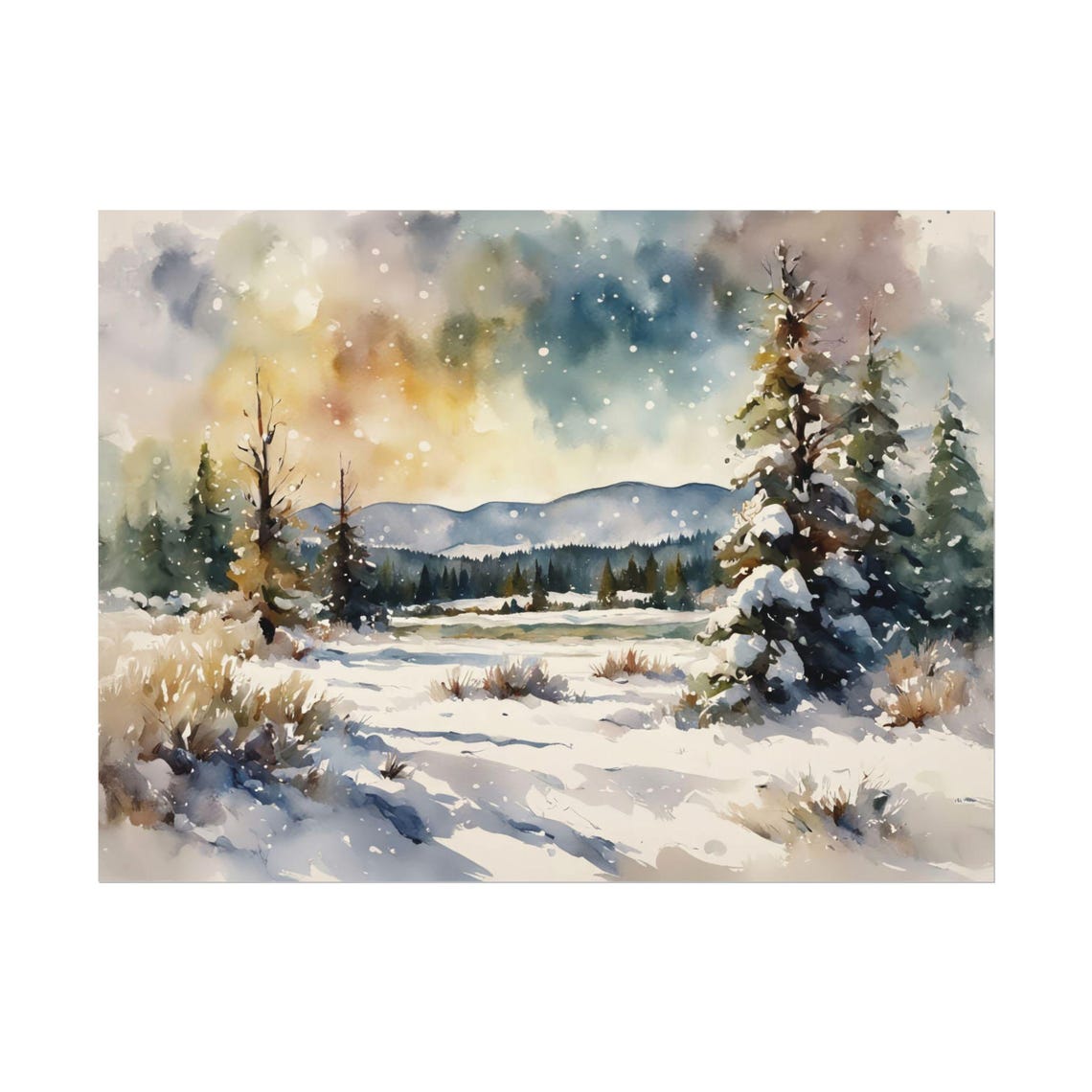 Snowy Winter Pine Meadow Morning Watercolor Landscape Poster