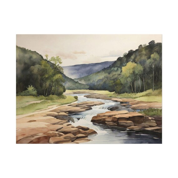 Ozark Missouri Summer River Rapids Rocky Watercolor Landscape Poster