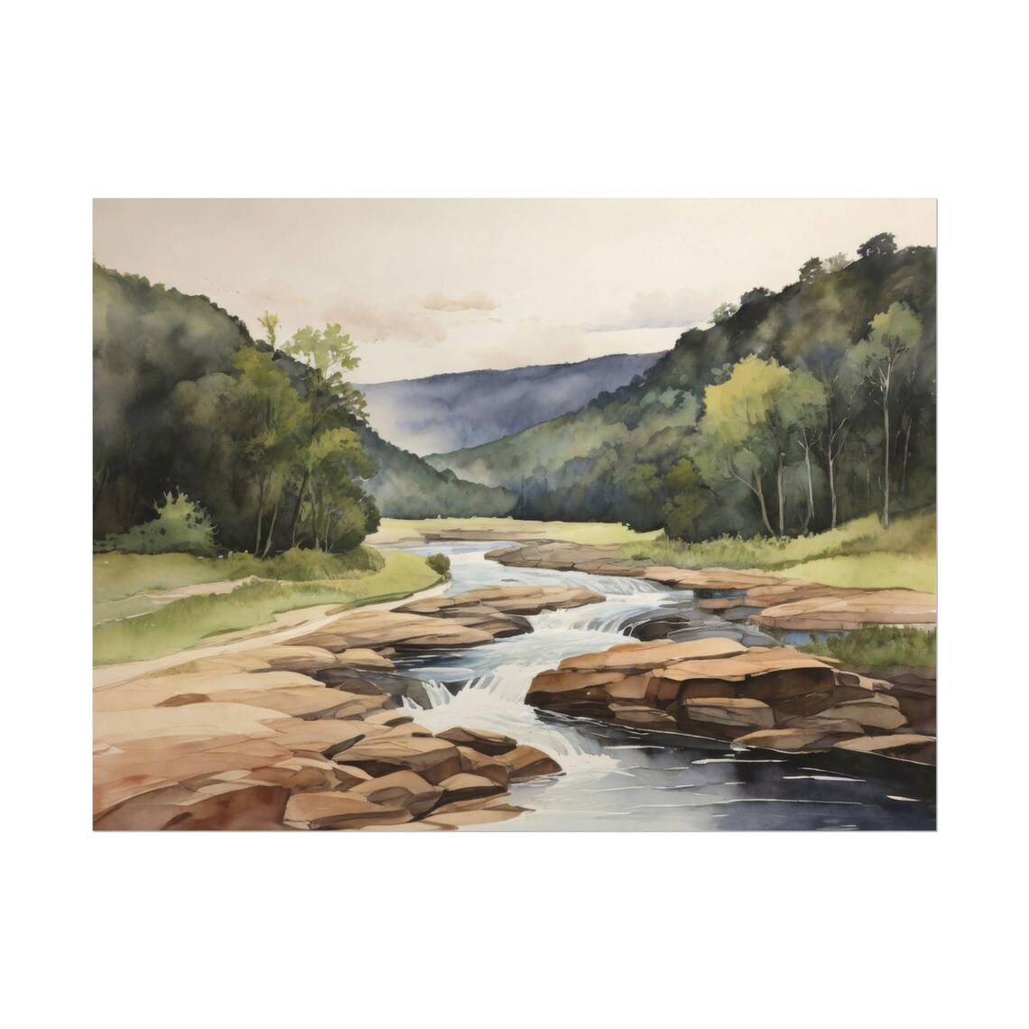 Ozark Missouri Summer River Rapids Rocky Watercolor Landscape Poster