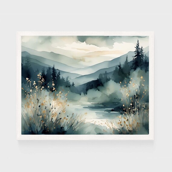 Serene Misty Mountain Lake Blue Green Watercolor Landscape Poster