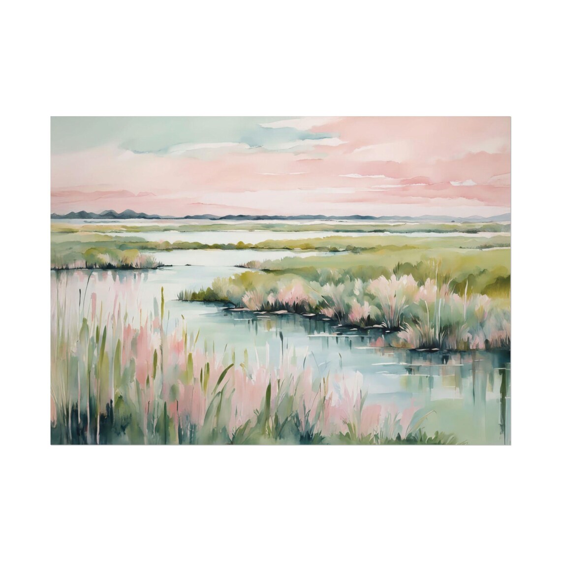 Marsh Landscape Pink Sunset Watercolor Poster