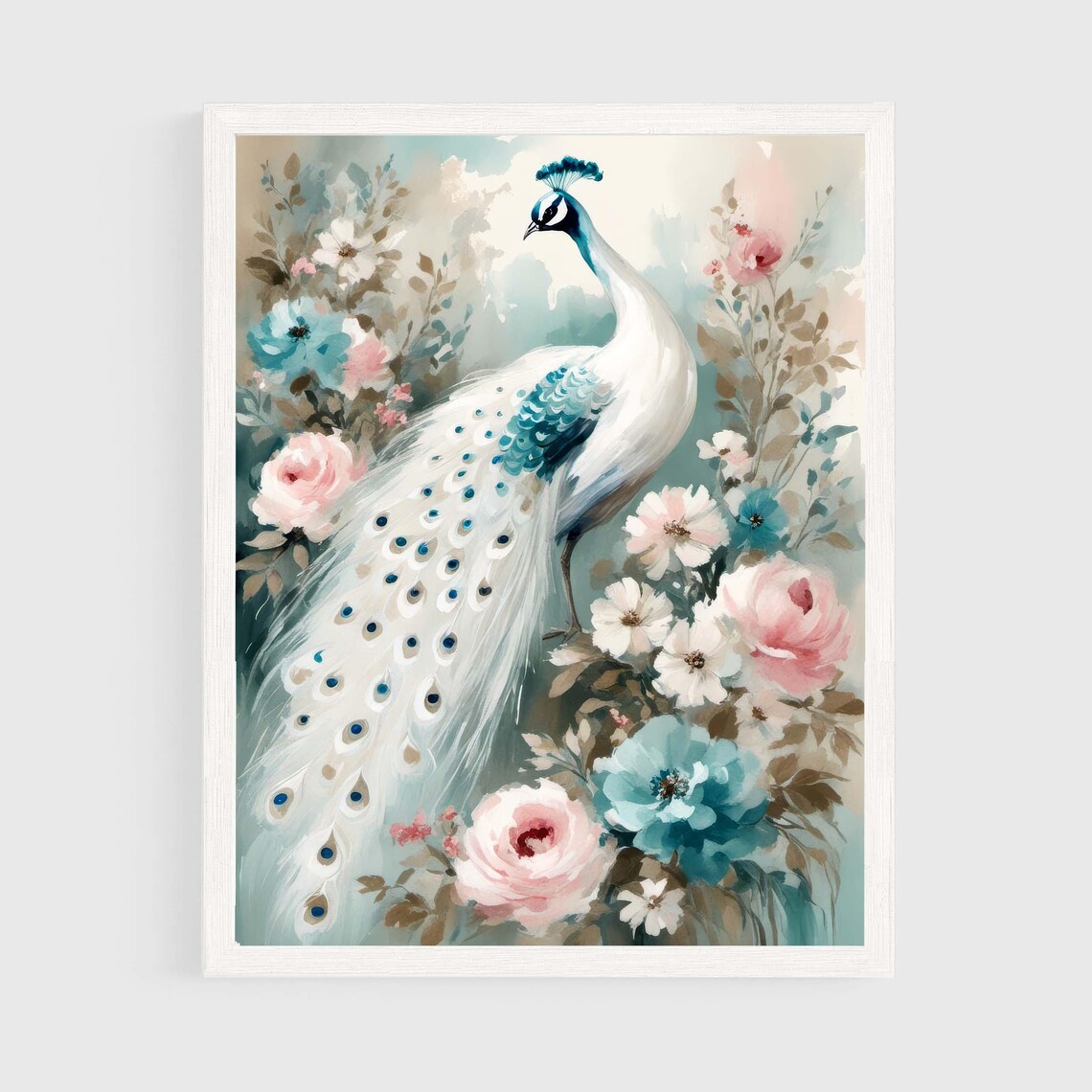 White Peacock Watercolor Painting Floral Romantic Garden Poster