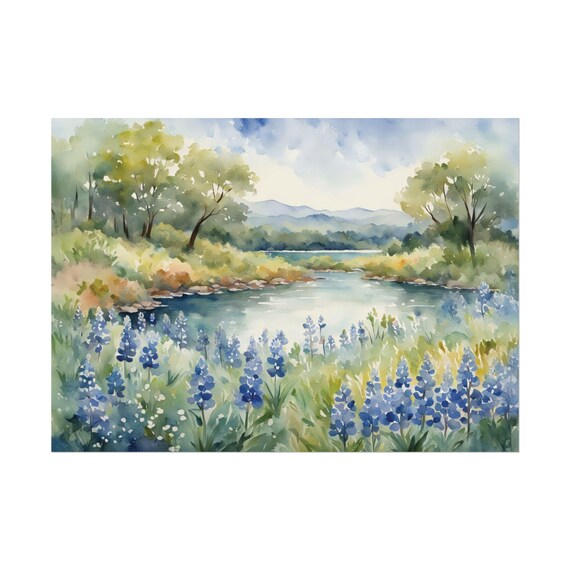 Texas Bluebonnet Field Lake Watercolor Wildflower Landscape Poster