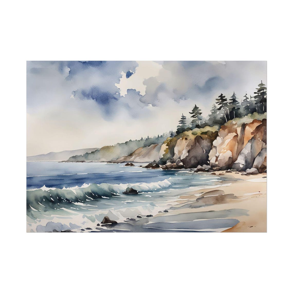 Maine Beach Rocky Cliffs Pines Waves Watercolor Coastal Wall Art