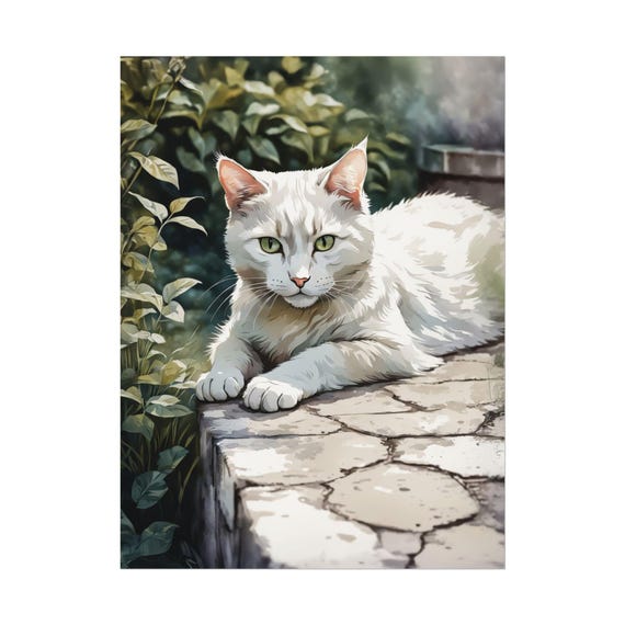 White Cat Watercolor Print Garden Pet Painting Portrait Art