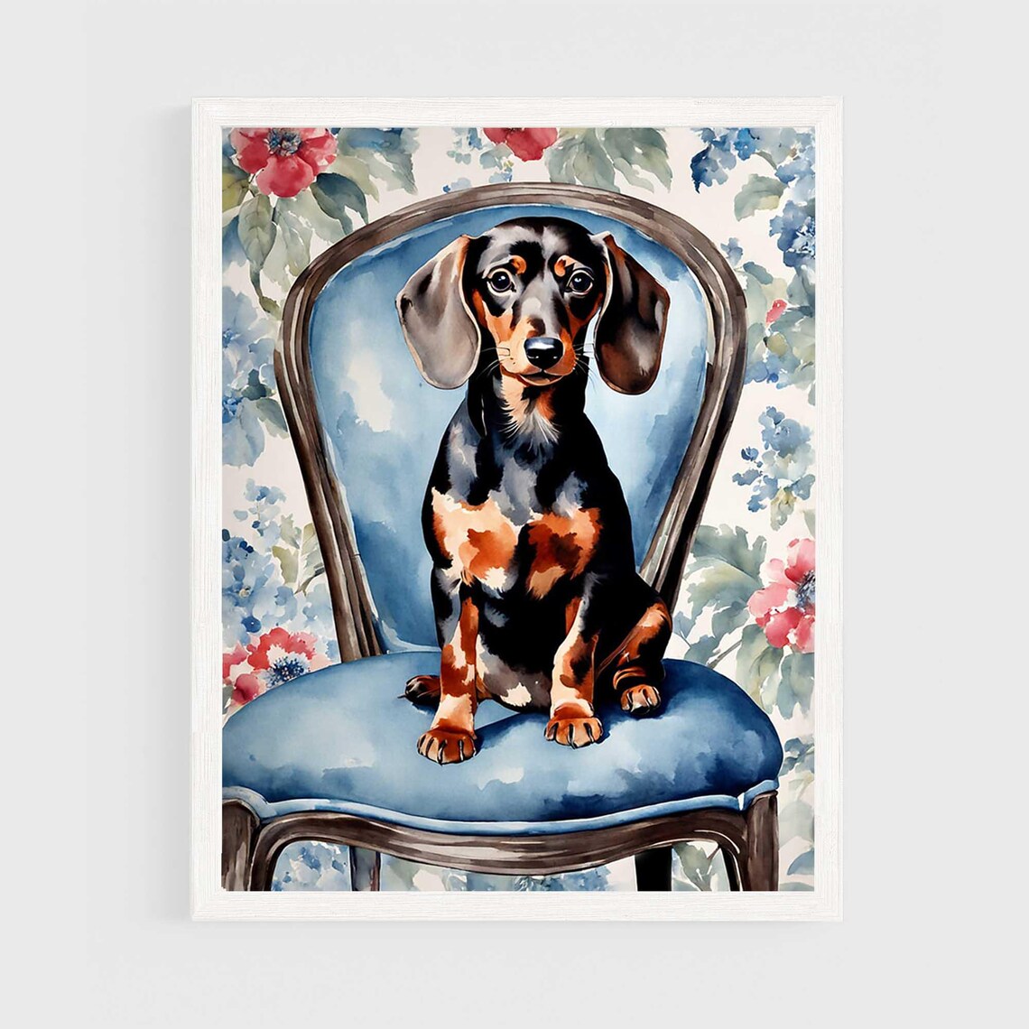 Black and Tan Dachshund Blue Chair Floral Watercolor Dog Poster