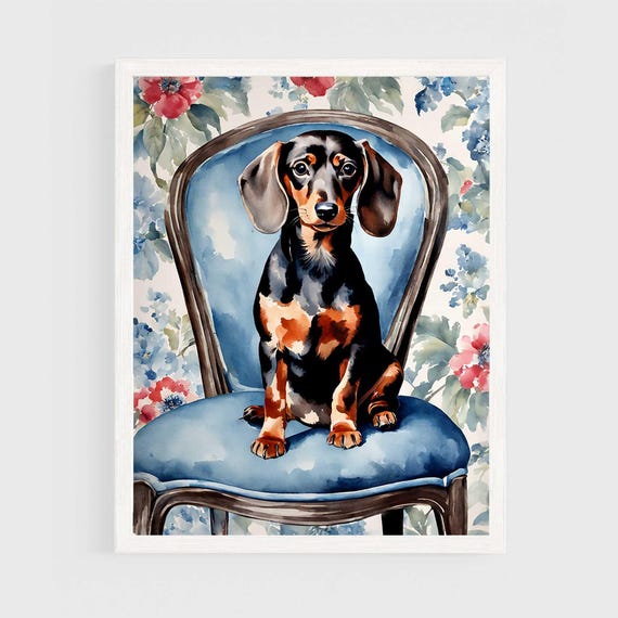 Dachshund Art Print Blue Floral Chinoiserie Wall Dog Lover Poster Unique Gift Watercolor Painting Home Decor Maximalist
