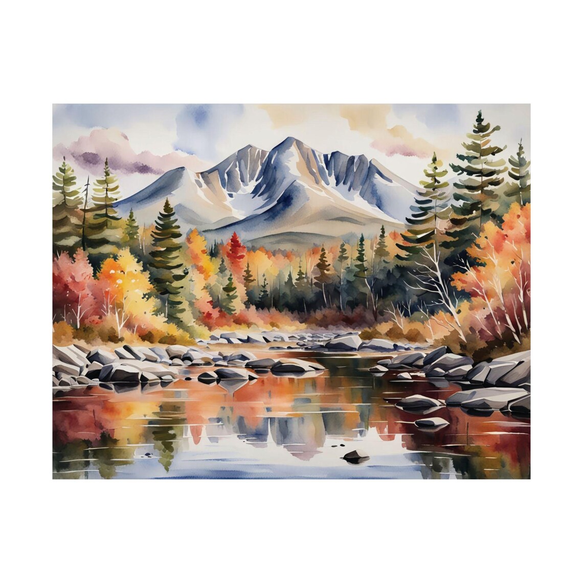 Mount Katahdin Mountain Landscape Poster, Autumn Watercolor