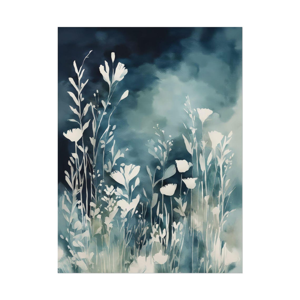 White Wildflowers on Dark Navy Moody Watercolor Botanical Poster