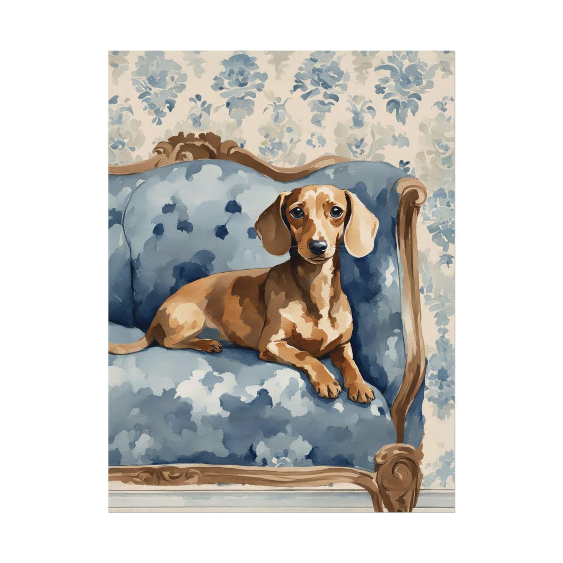 Tan Dachshund Blue Floral Settee Watercolor Dog Portrait Art Poster