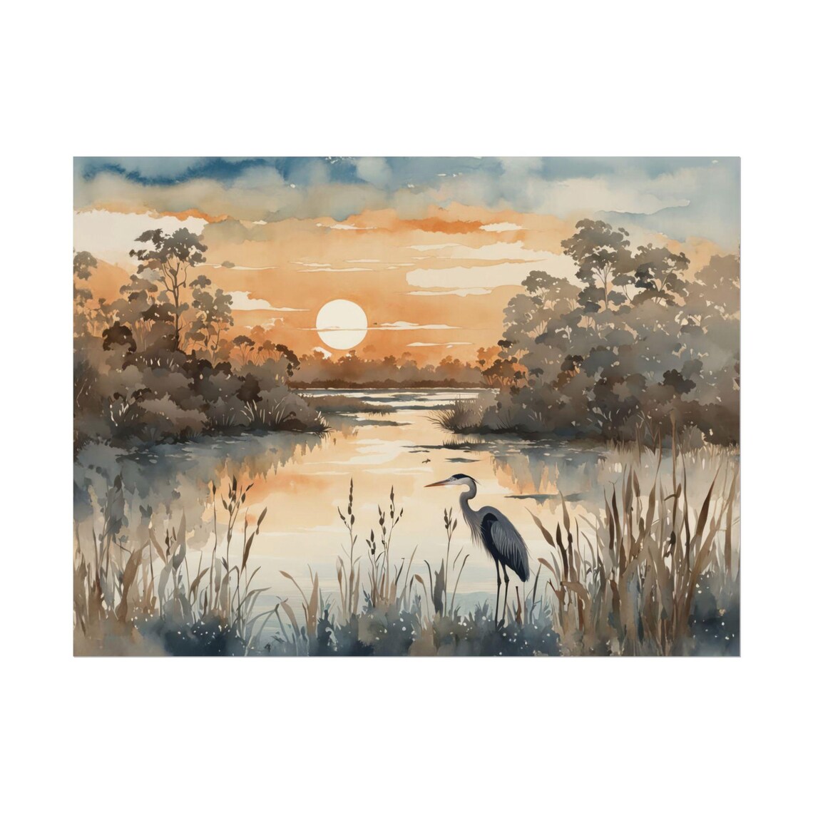 Blue Heron Watercolor Print Orange Sunset Landscape Marsh Wetlands Art Autumn Artwork Lowlands Neutral Wall