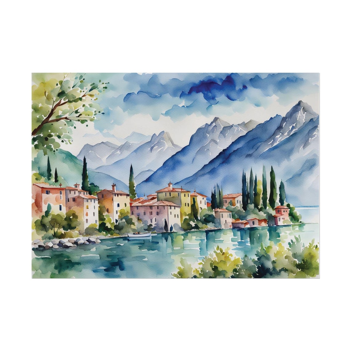 Lake Garda Italy Watercolor Lakeside Village Mountains Cypress Trees Poster