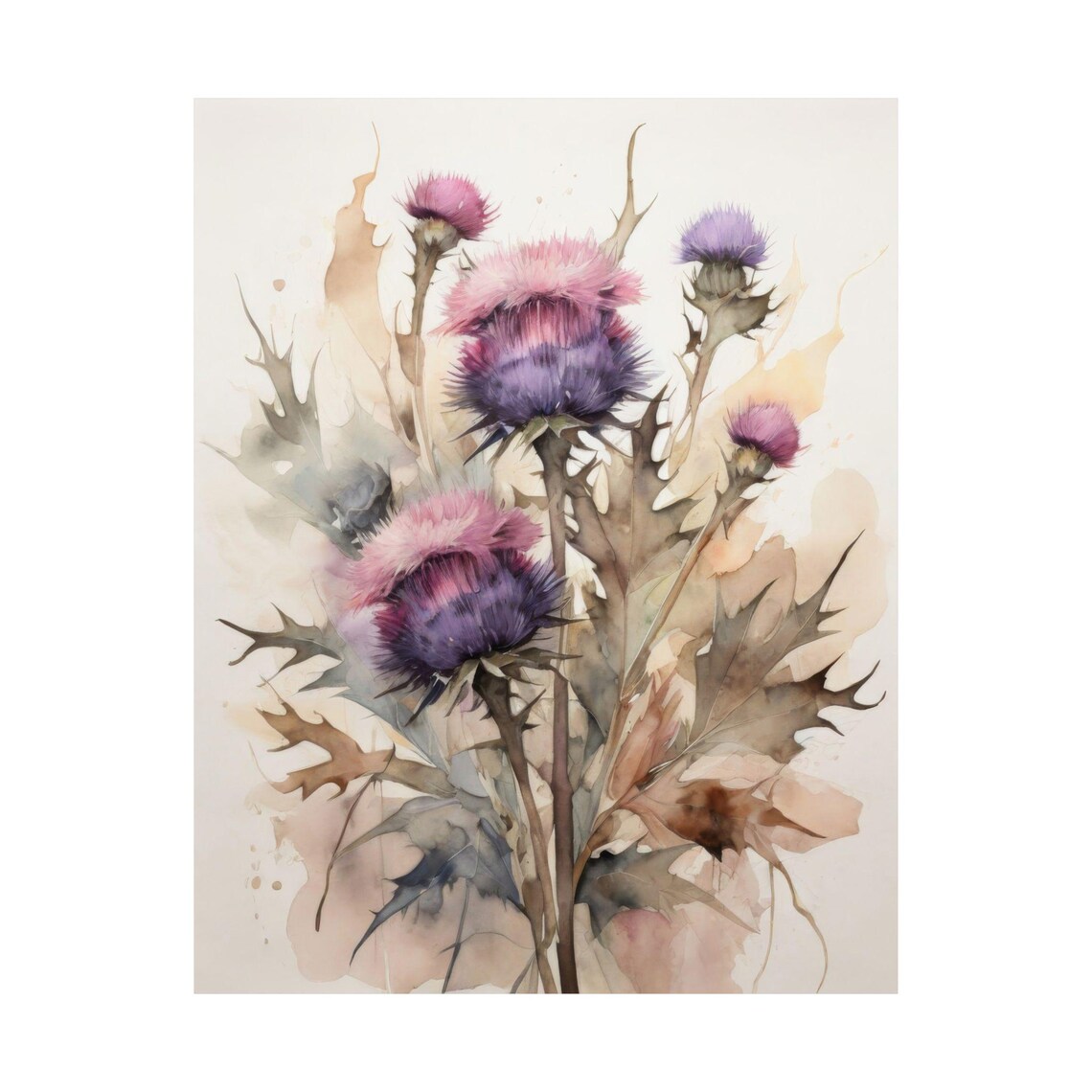 Purple Pink Thistle Flowers Watercolor Painting Wildflower Poster