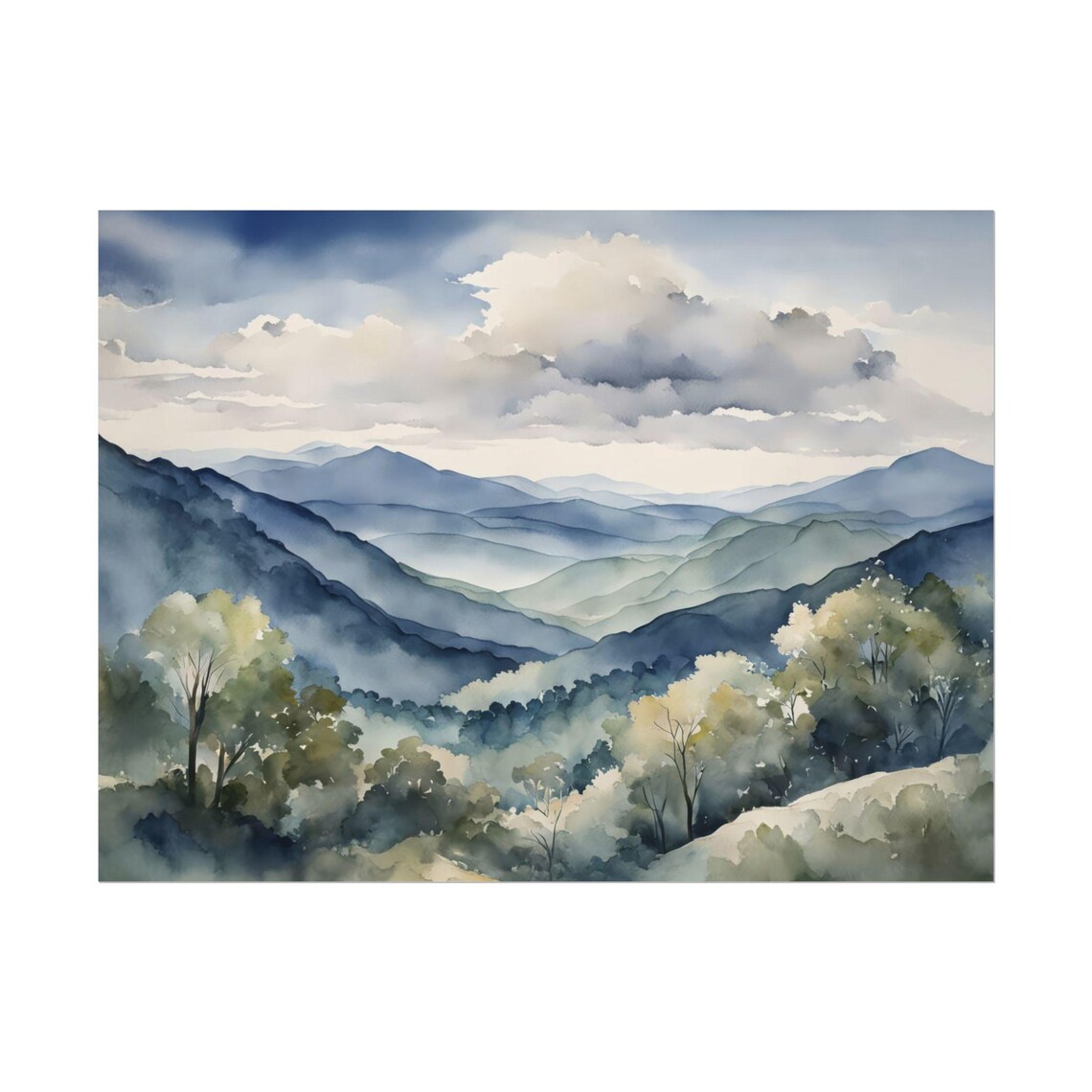 Blue Ridge Mountains and Cloudy Sky, Watercolor Art Print