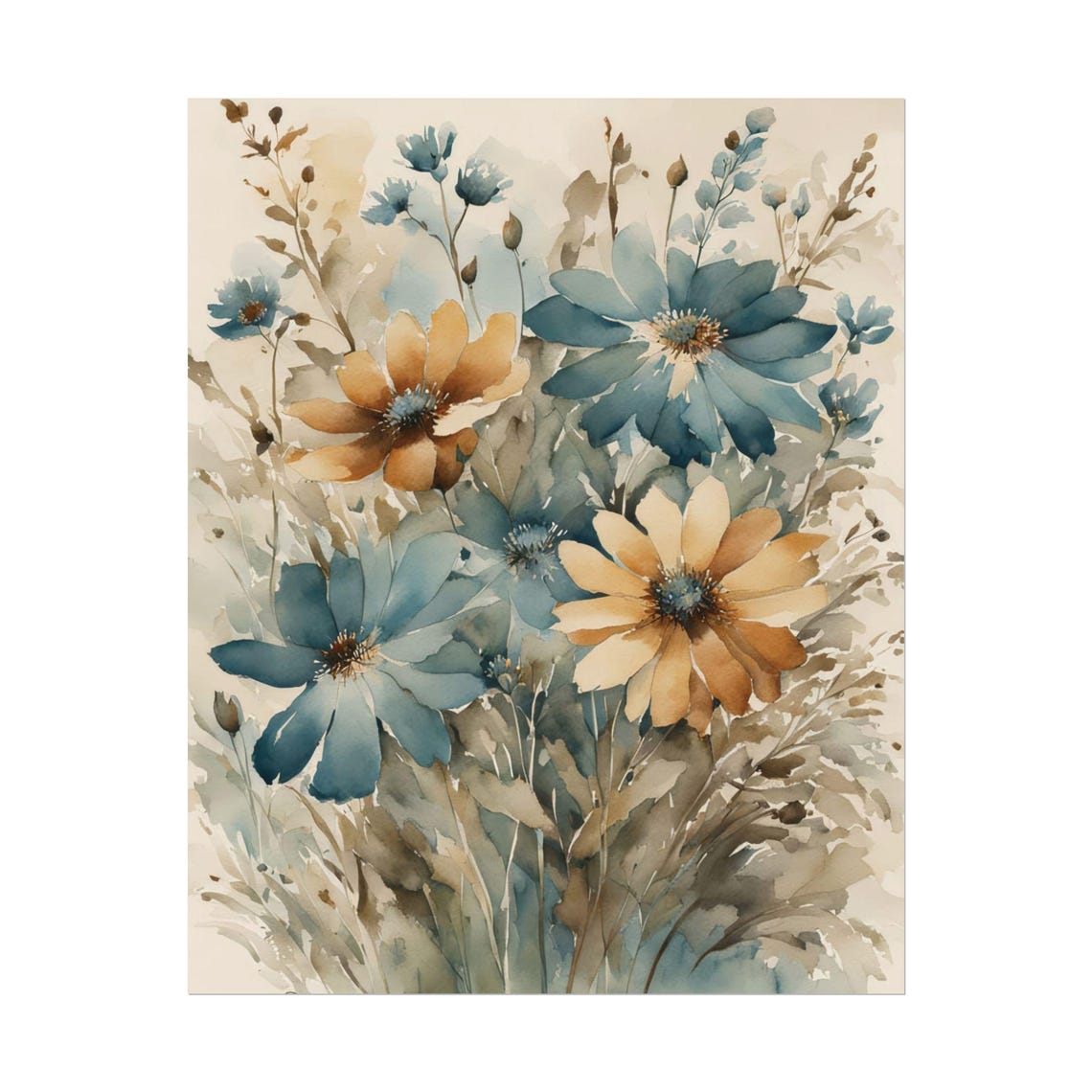 Blue and Gold Wildflowers Watercolor Bouquet Earthy Floral Art Poster