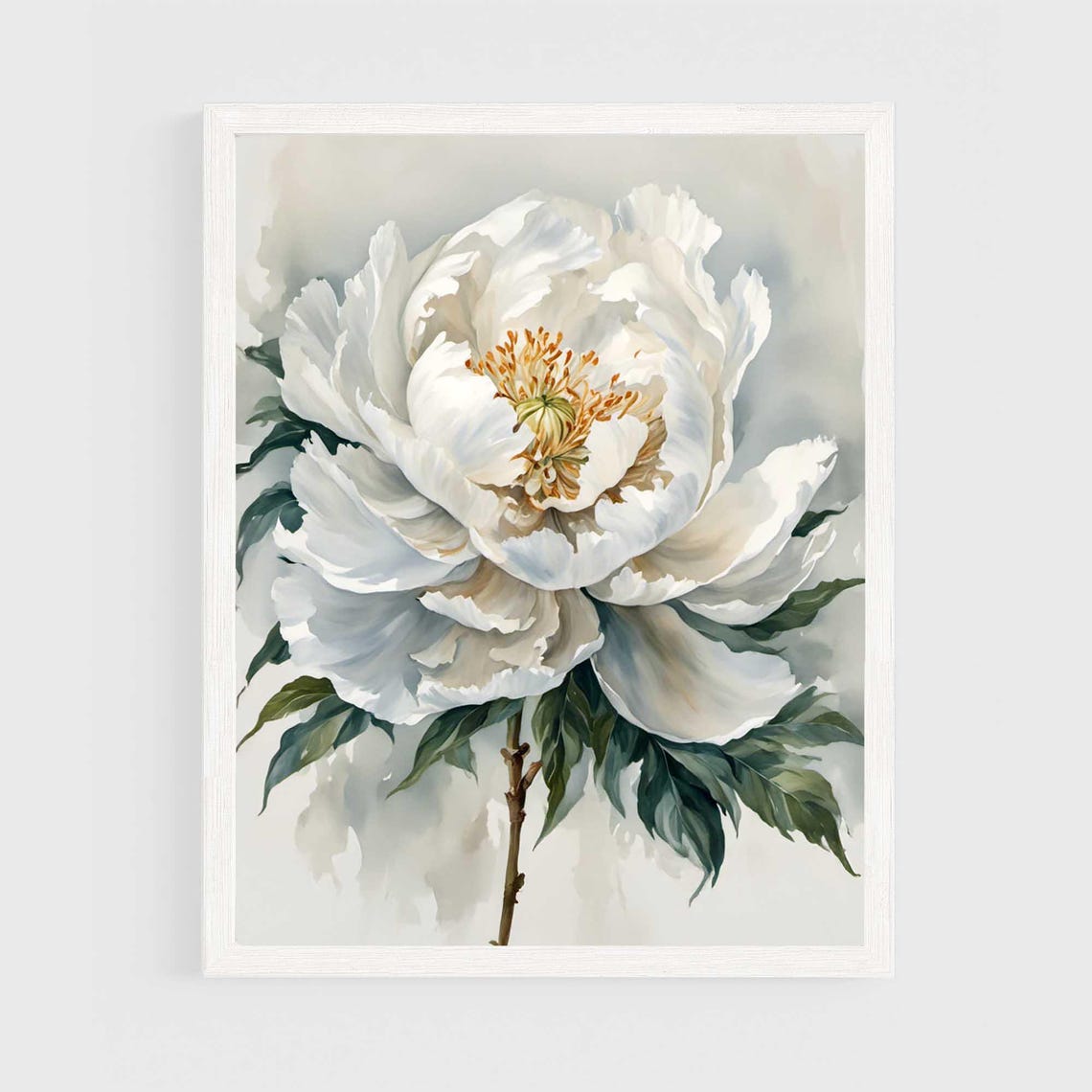 White Peony Bloom Watercolor Painting Elegant Floral Art Poster
