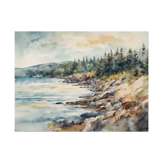 Seawall Beach Painting Maine Coastal Morse Mountain Watercolor Landscape Poster Hiking Trail Secret Shoreline Art Print