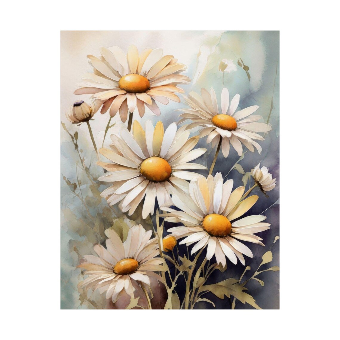 White Daisies Watercolor Bouquet Soft Cream Blossom Flower Wall Art