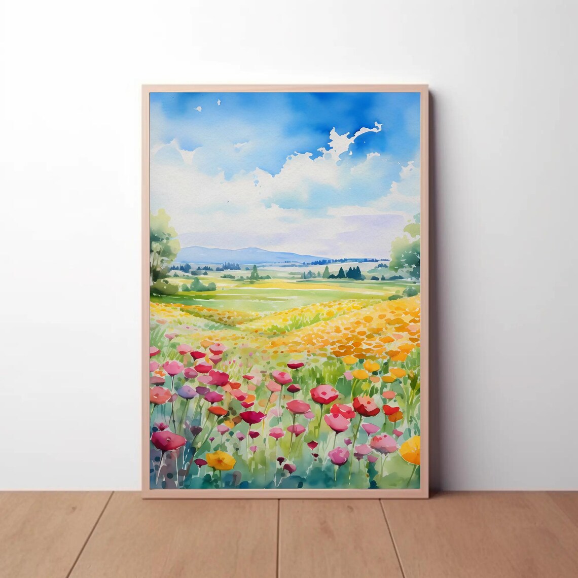 Wildflower Meadow Poppies Watercolor Sunny Field Painting Poster