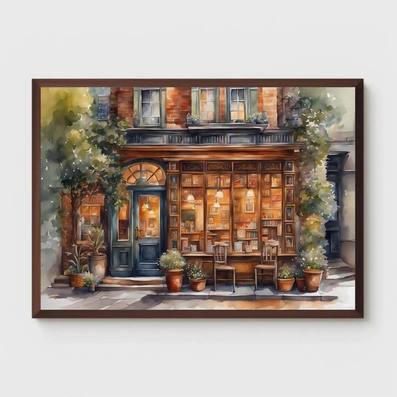 Cozy Bookstore Storefront Watercolor Charming Old Shop Poster