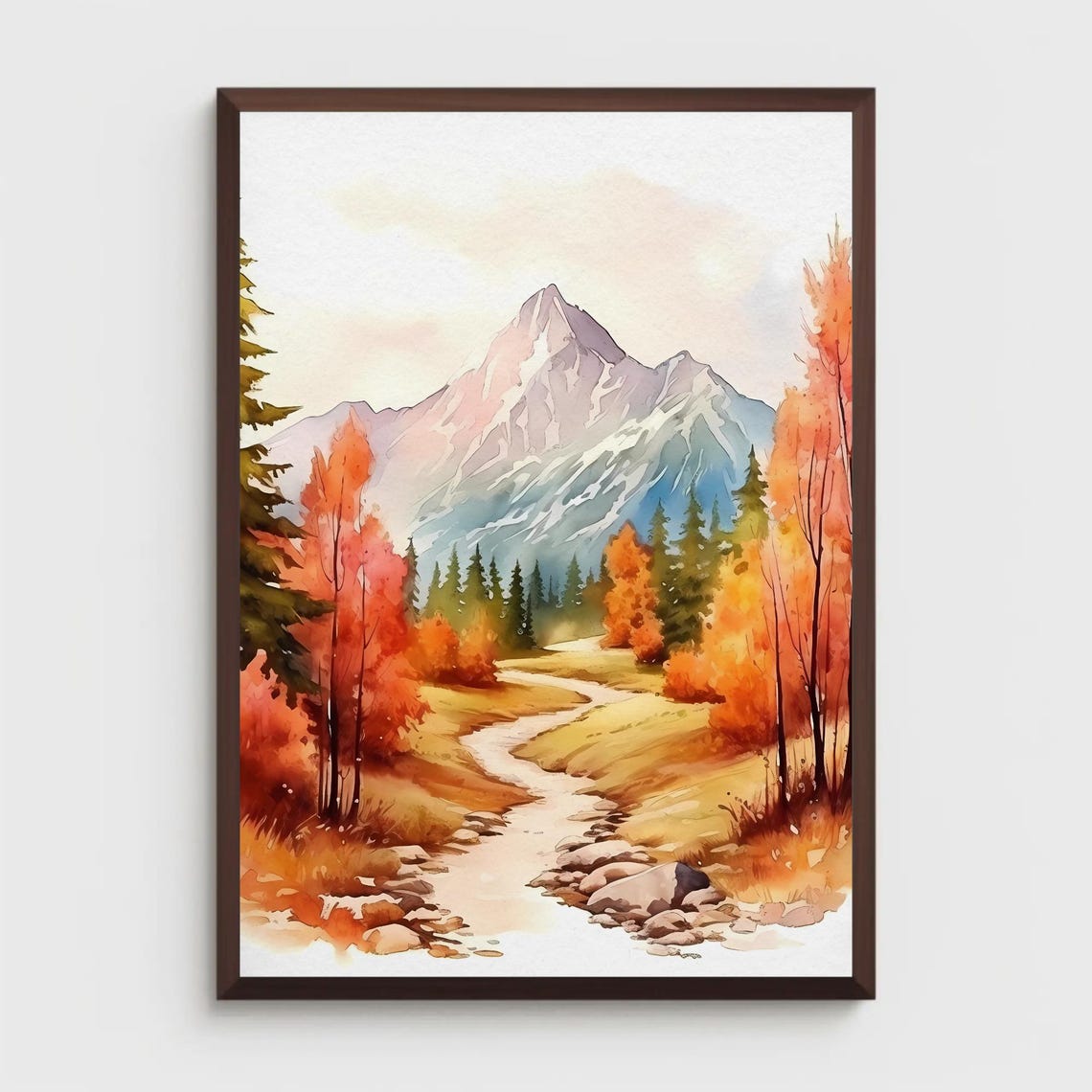 Fall Mountains Watercolor Painting Autumn Landscape Foliage Mountain Wall Art